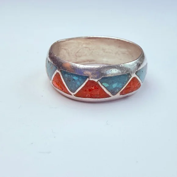 Native American Navajo Turquoise & Coral Sterling Silver 925 Vintage Band Ring - Picture 5 of 8